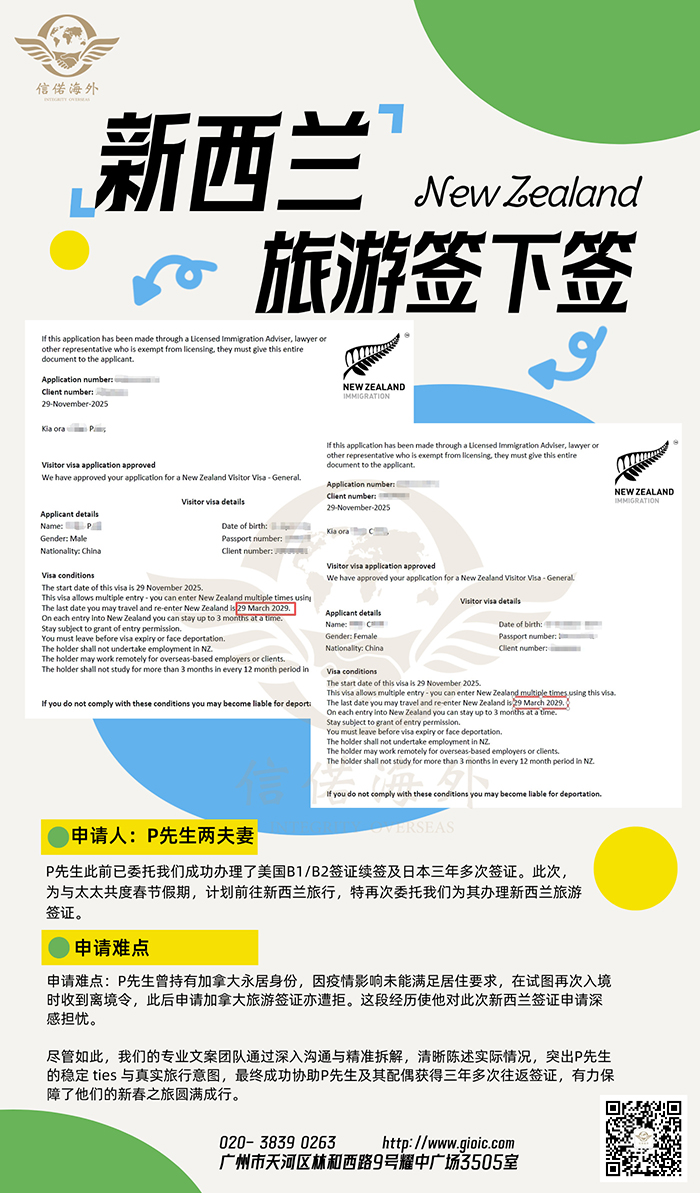 祝贺P先生两夫妻获批新西兰旅游签证